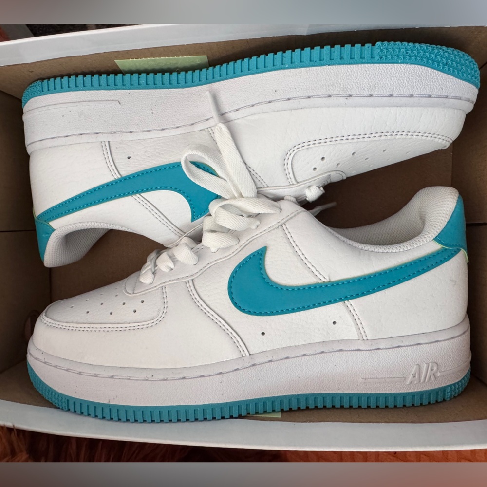 Nike Air Force 1 White and Teal  Sneakers with Lime Green Outline/Stiching